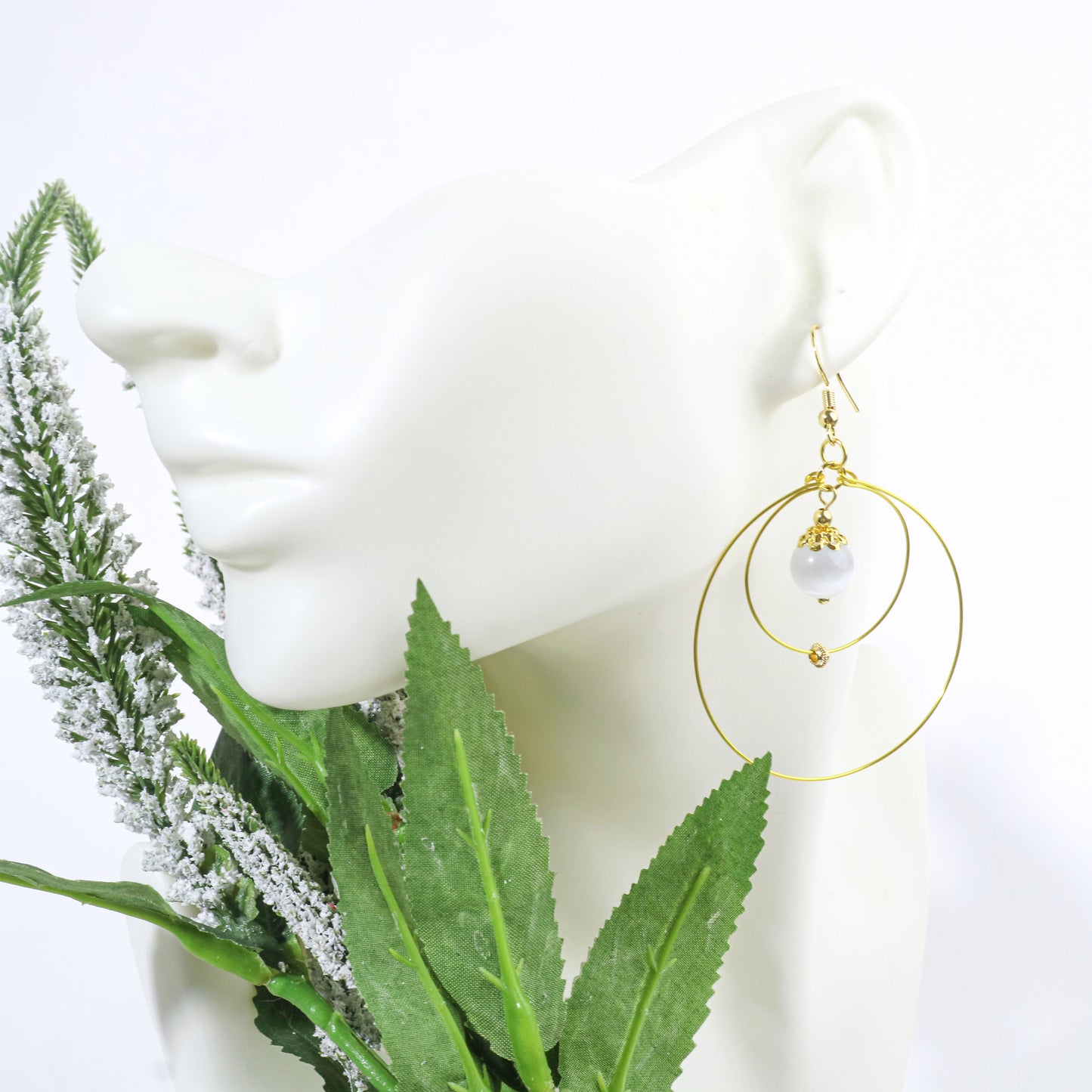 Double Round White Cat's Eye Stone Earrings